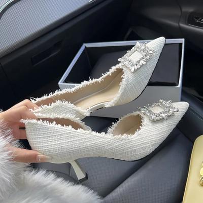 Luxus Strass Quadratische Schnalle Pumps Damen Marken Design Spitze Tweed Stoff Hoher Absatz Sandalen Damen Elegant Party Schuhe