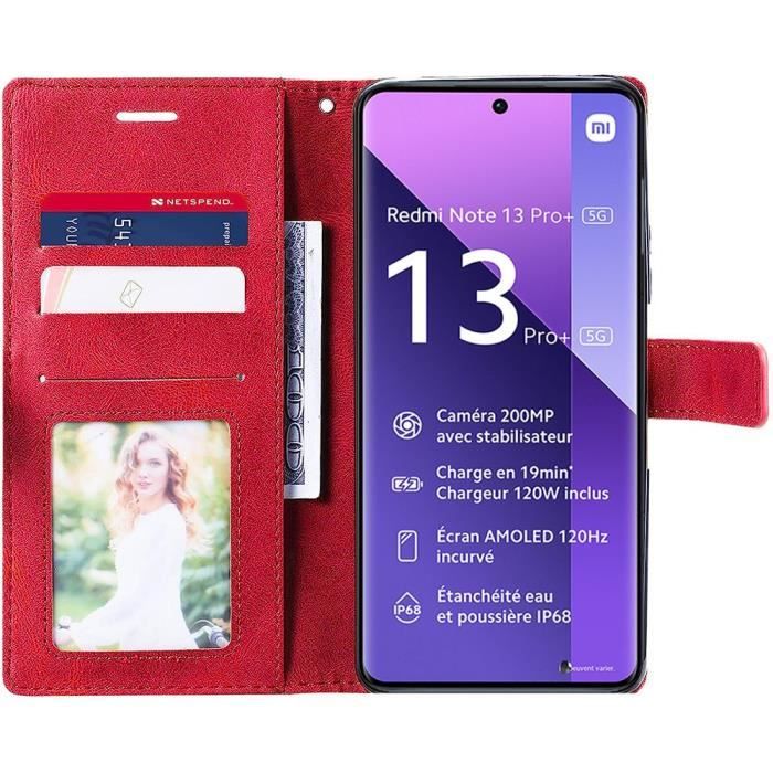Hülle + 2 Panzergläser für Xiaomi Redmi Note 13 Pro+ 5G - Note 13 Pro Plus 5G - Stoßfestes Rotes Lederoptik