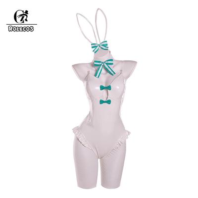 Bicute Rurudo Künstler Weißes Bunny Girl Kostüm Damen Elastisches Lederstoff Sexy Cosplay Hasenkostüm Weiß Grün Jumpsuits