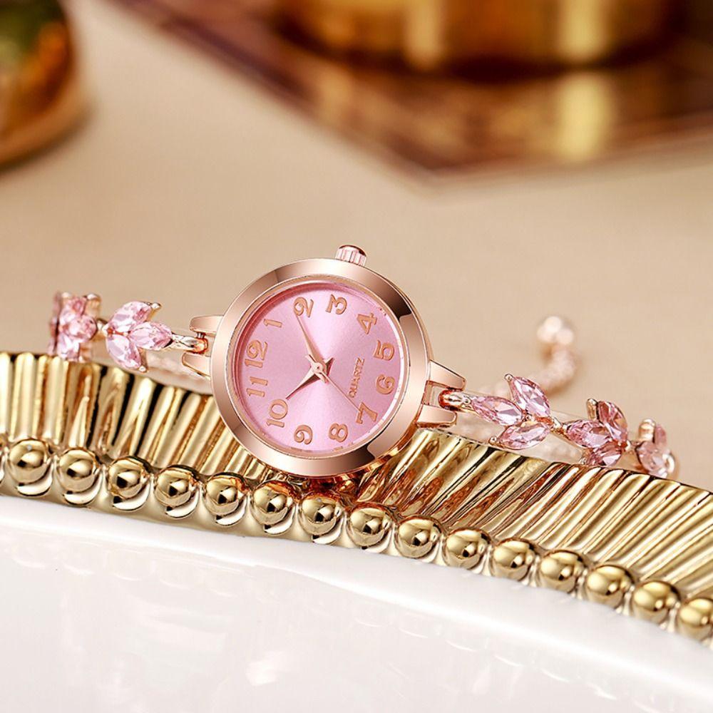 Numeral Dial Women Bracelet Watch Violet Leaves Diamond Setting Elegant Quartz Watch Round Alloy Case Adjustable Luxury Watch