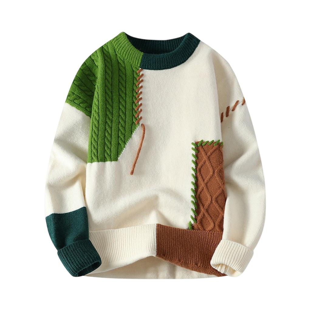 Men's Casual Knit Sweater Pullover Crew Neck Patchwork Design Loose Fit Long Sleeve Comfortable Soft Fabric