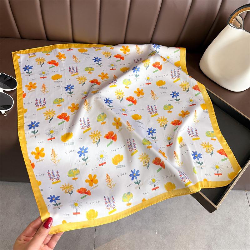 Korean Style Printed Silk Like Square Scarf For Women Sun Protection