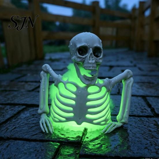 Lighted Haunted House Accessory Halloween Half Body Skeleton Decoration, Realistic Spooky Light Up Plastic Waterproof Decor for Graveyard,