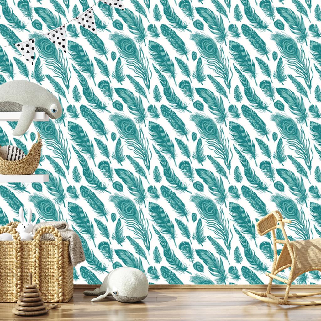 Wallpaper Turquoise feathers on a white background for the living room and bedroom 50x1000