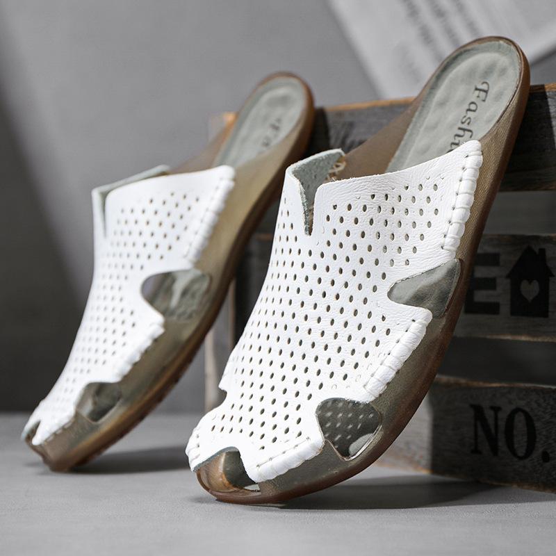 Large Size Handmade Bag Head Slippers Real Cowhide Men's Summer Outdoor Sandals Home Half Drag Korean Version Personalized Beach Shoes