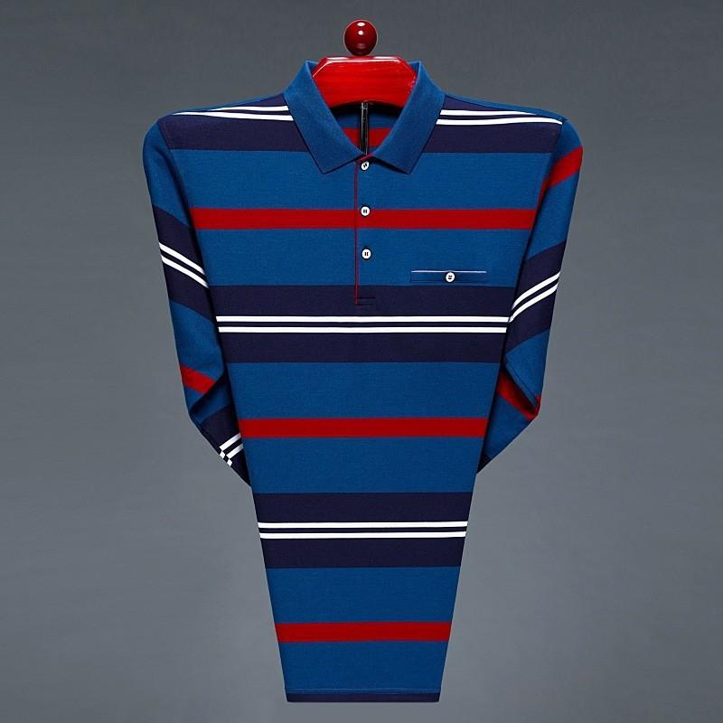 CHIC STUDIO Gestreept T-shirt met lange mouwen voor mannen van middelbare en oudere leeftijd met revers voor de lente en herfst, casual losse vaderoutfit, poloshirt, ondershirt voor mannen L