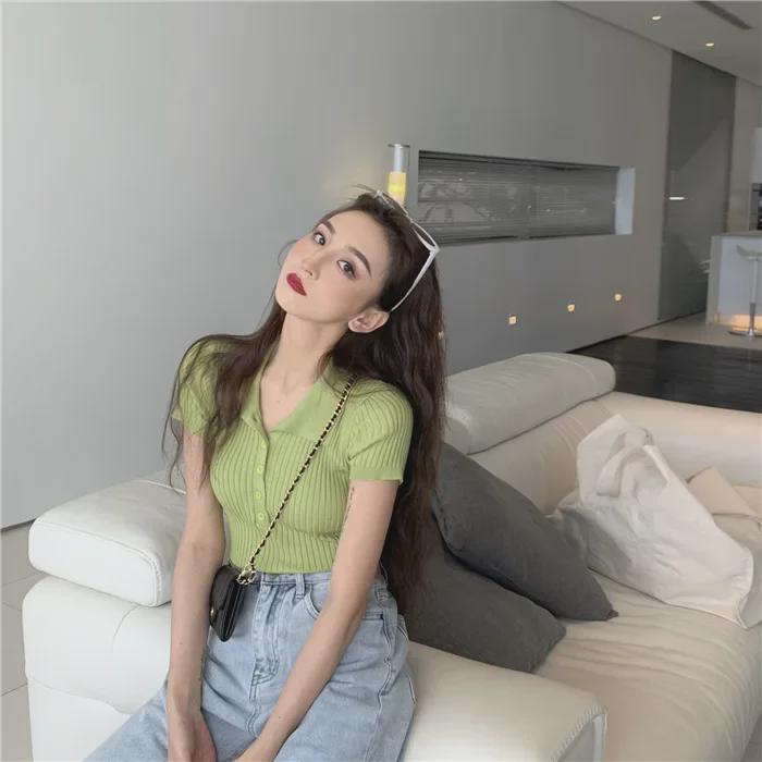 White Polo Collar Short-Sleeve Women's French Chic Top