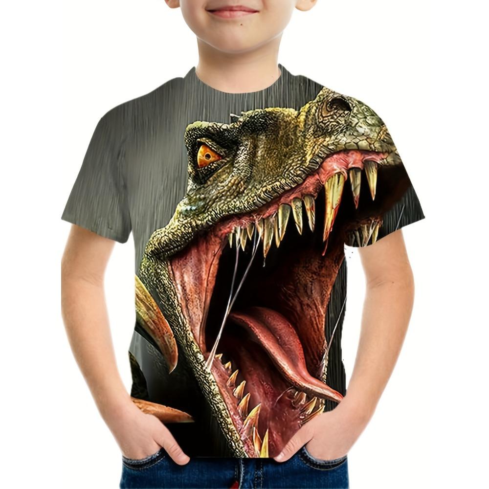 Boys' Short-Sleeve T-Shirt with 3D Dinosaur Print, Casual Loose Streetwear Summer Top