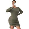 Women's Long Sleeve Round Neck Green Hip Wrap Dress Temperament Fashion Sexy Party Dress Plus Size Slim High Waist Dress Pull Rope Side Fold Design