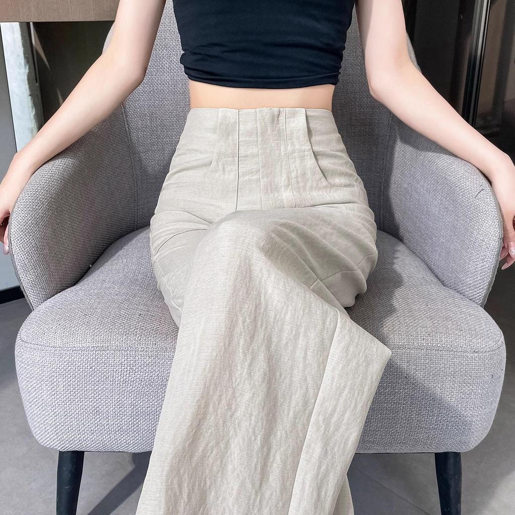 Women's High-Waist Tencel Cotton Linen Wide-Leg Pants - Summer Thin, Floor-Length, Straight Casual Design