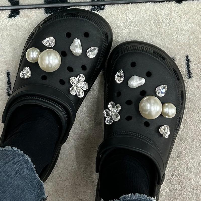 14PCS Luxury Shoe Charms Set Accessories Hole Shoe Buckle Sparkling Diamond Large Pearl DIY 3D Shoes Decorations Woman Girl Gift