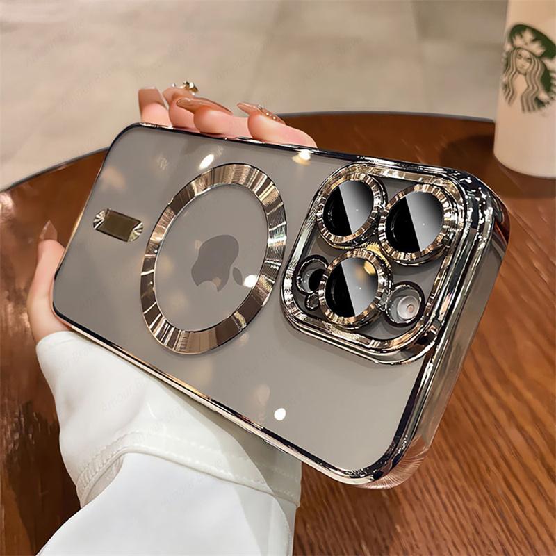 Luxury Magnetic Plating Clear Phone Case For iPhone 16 15 14 13 12 11 Pro Max 16 Plus For Magsafe Wireless Charging Cover Cases
