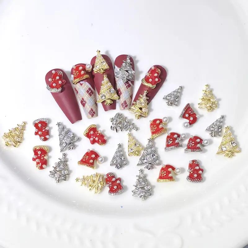 WTEMPO Weihnachtsbaum Nagelkunst Charms 3D Roter Hut Roter Handschuh Nagelkunst Dekorationen Set DIY Bastelzubehör Elegante Nagelverzierungen