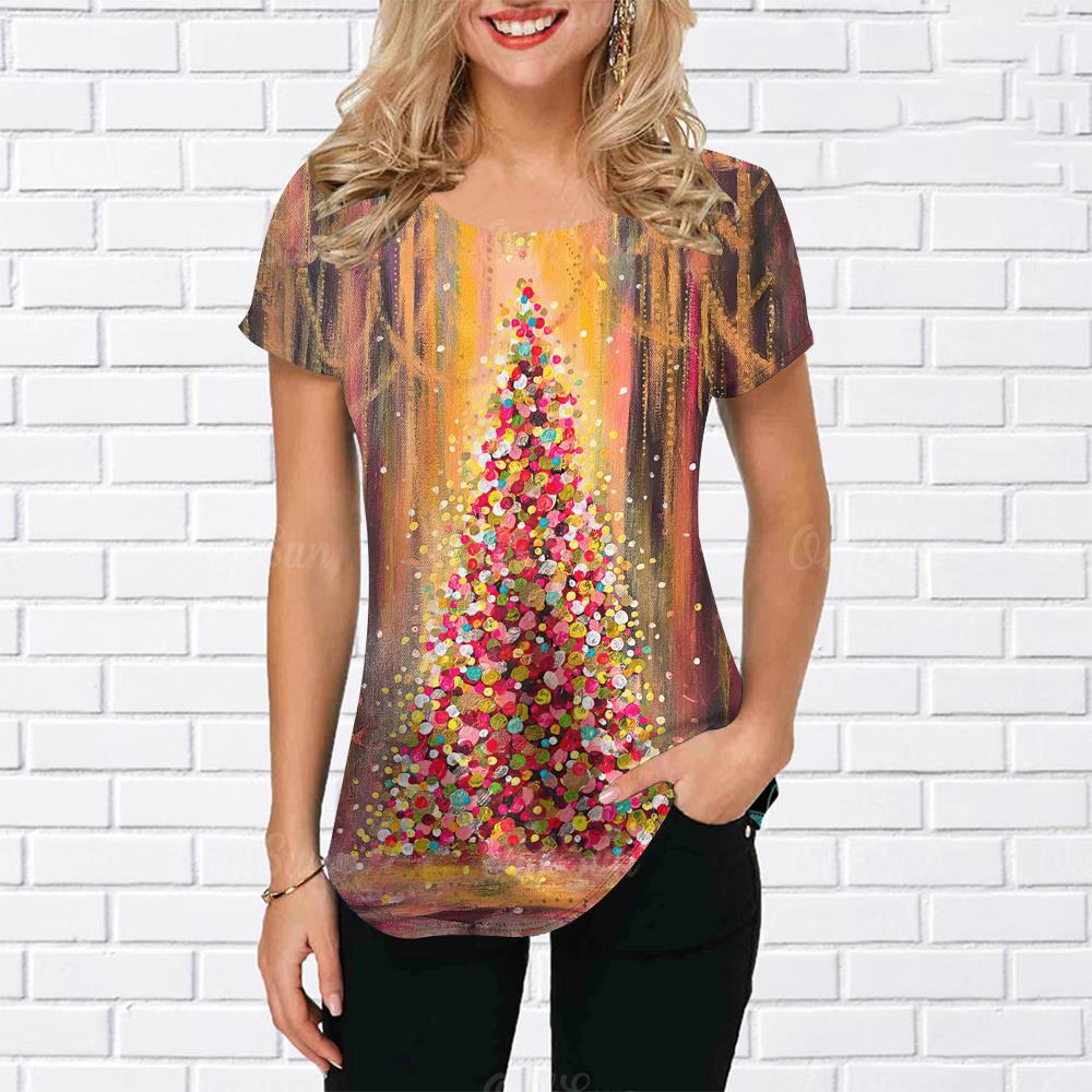 

Fashion Women s T-Shirt Christmas Tree Printed Holiday T-Shirt For Girls Harajuku Short Sleeve T-Shirt Year T-Shirt Top