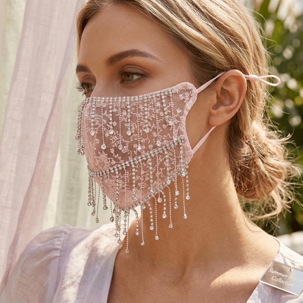 Rhinestone Women's Veil Mask Breathable Mesh Tassel Mask Elegant Bling Face Mask Performance
