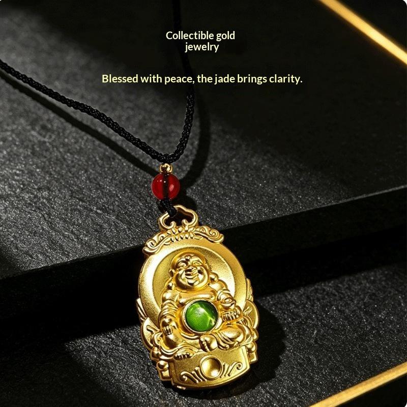 Zinc Alloy Pendant Necklace Auspicious Cloud Decor Border Laughing Monk Statue Charm Jewelry For Daily Wear Gift