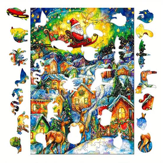 1 Set Puzzle din Lemn de Crăciun Vacanță de Iarnă Moș Crăciun Reni Sanie Puzzle Jucărie Educativă Decor pentru Casă