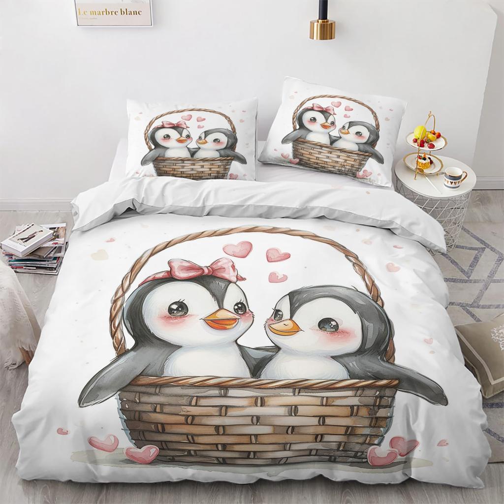 Cute Penguin And Love Heart Duvet Cover Set For Kids Teens Lightweight Quilt Cover With 2 Pillowcase Cartoon Penguin Bedding Set