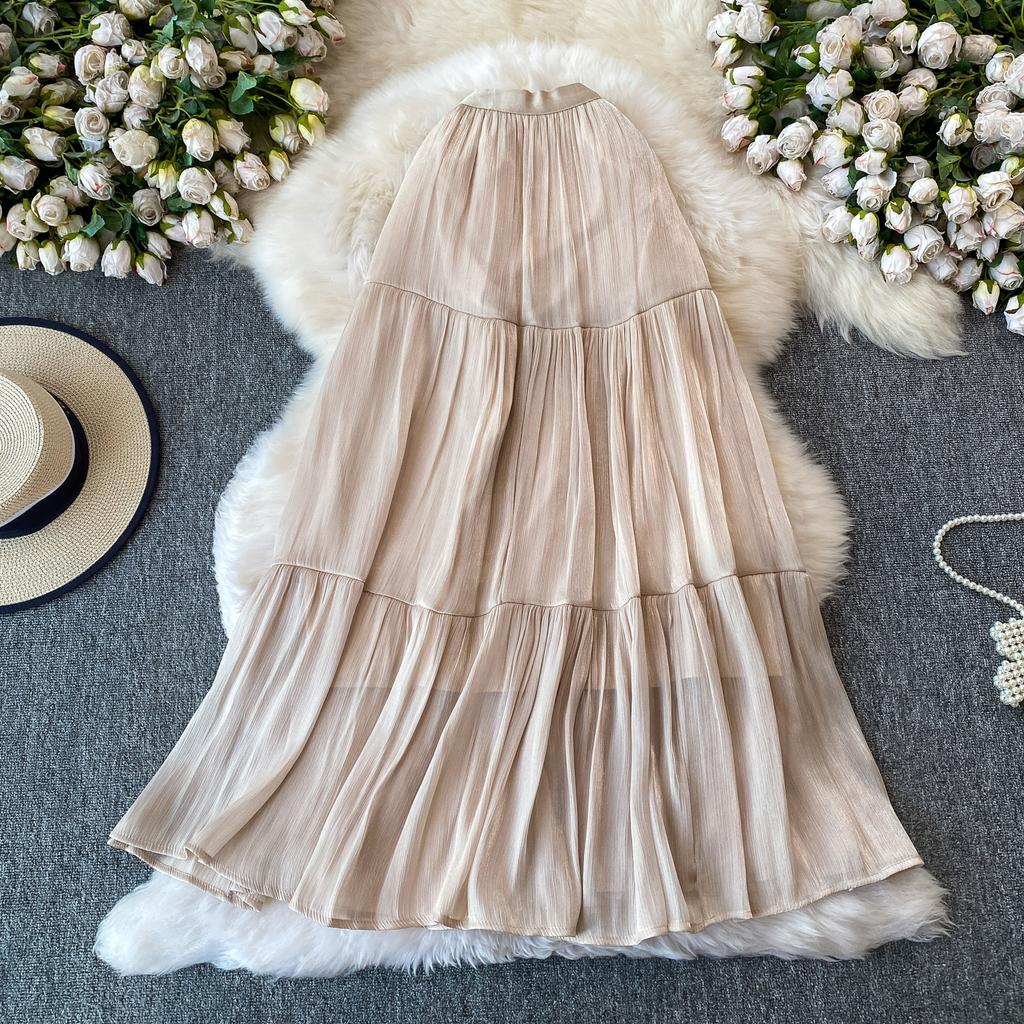 Sommer Herbst Neu Einfarbig Rüschen Patchwork Chiffon Fließender Rock für Damen Hoher Bund Vielseitiger Midi Rock für Damen