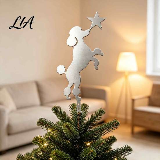 Christmas Tree Topper Standing Poodle Topper, Silver Silhouette Durable Metal Decoration, Secure Decorative Dog Ornament Plug-in Rod Easy Installation