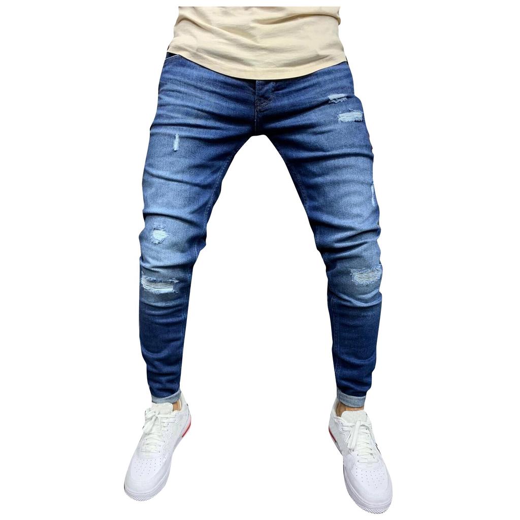 Men Striped Zipper Denim Hole Vintage Wash Hip Hop Work Trousers Jeans Pants