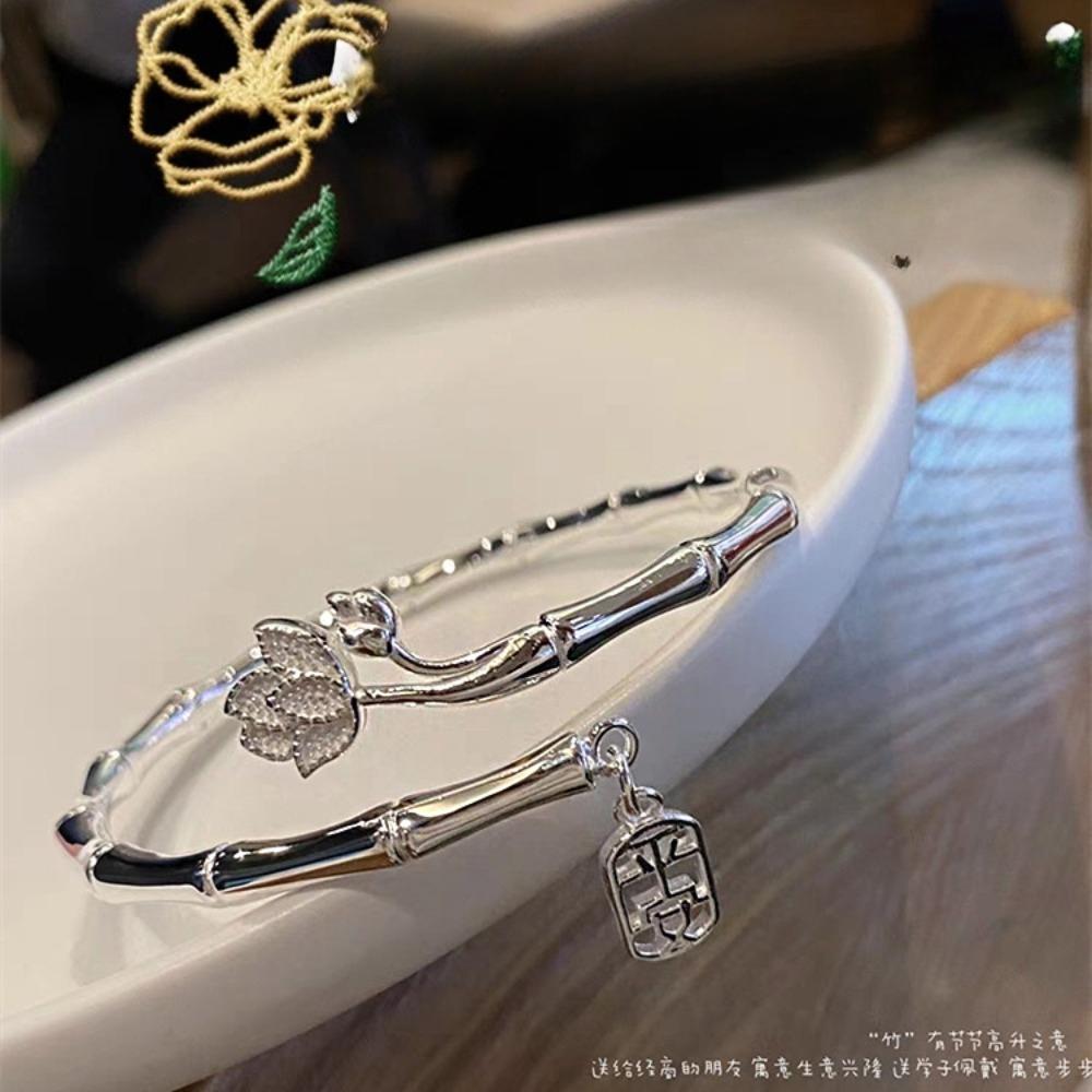 Temperament 925 Sterling Silver Plated Lucky Peace Pendant Bamboo Joint Lotus Open Bangles for Women Good Meaning Jewelry Gifts