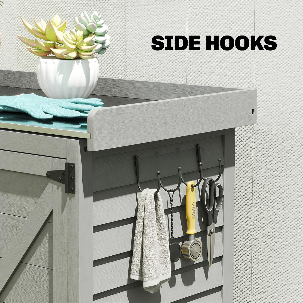 Wooden Garden Shed, Garden Tool Storage Shed with Shelf and Side Hooks, 71.5 X 39 X 95 Cm, Grey