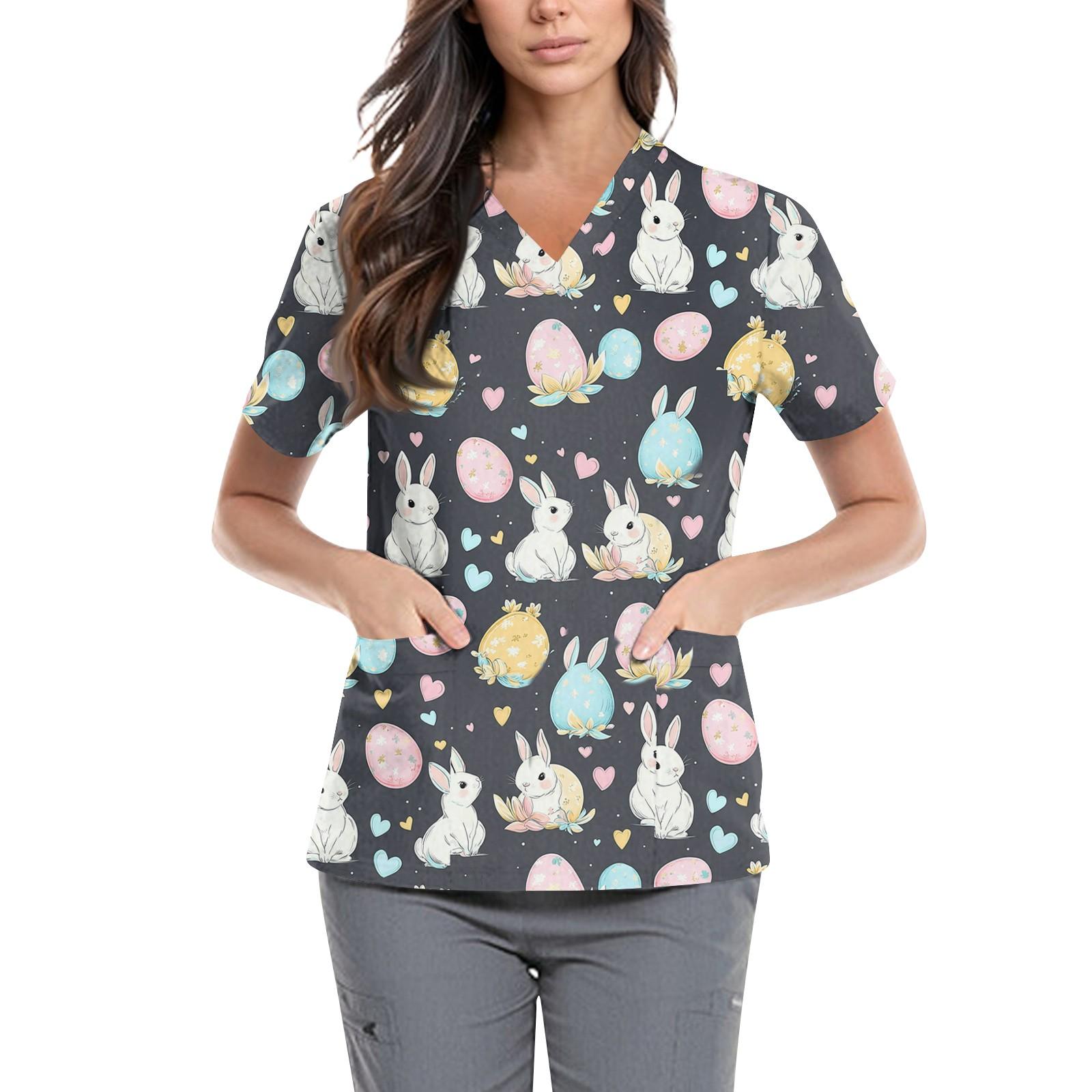 

Женская симпатичная пасхальная рабочая одежда с принтом V-образным вырезом, двухслойными карманами, базовый короткий рукав, топ, пуловер M