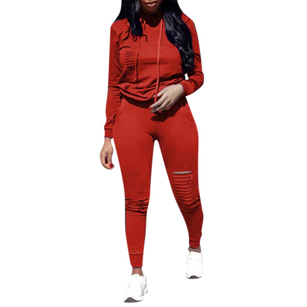 Fashion Womens Long Sleeve Hole Pocket Hoodies Drawstring Pants Loose Tops Set