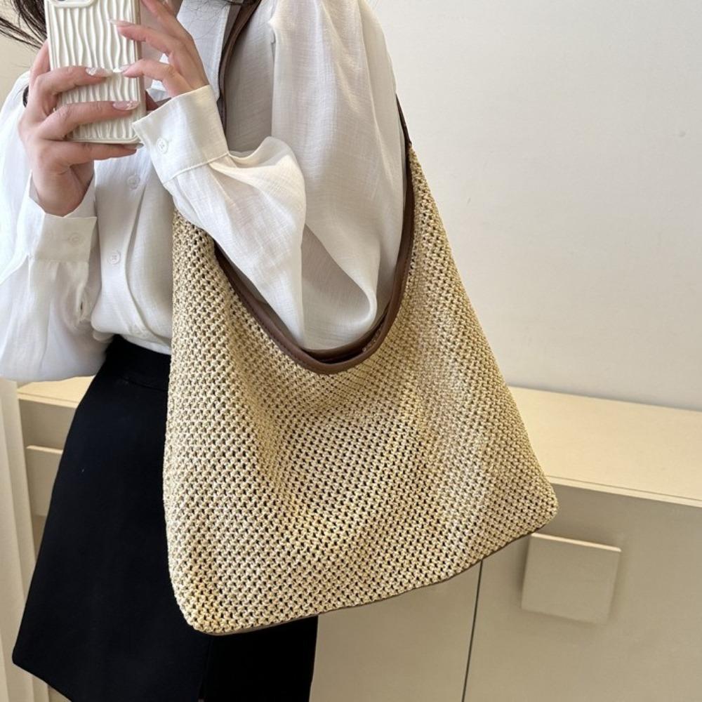 Bohemian Style Beach Hobo Bag PU Leder Umhängetasche Casual Weave Strohtasche Reise