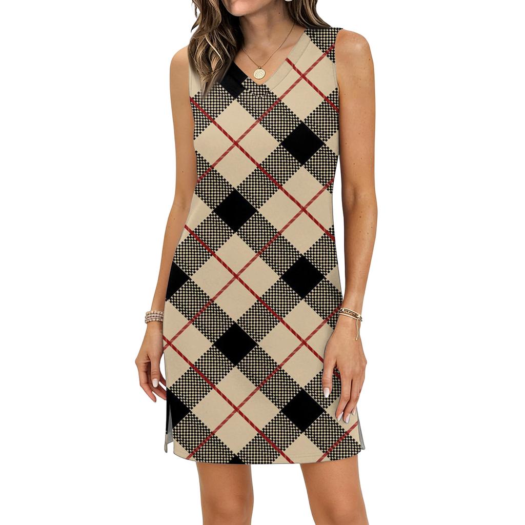 Women's Casual V-neck Sleeveless Split Hem Plaid Print Dress