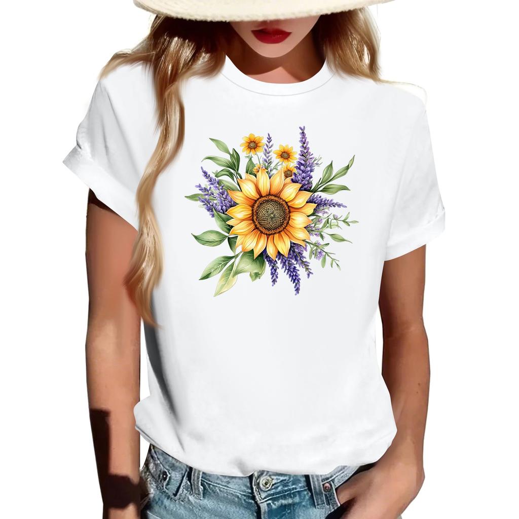 Women's Fashionable Round Neck Casual Retro Print Short Sleeved T-shirt Top