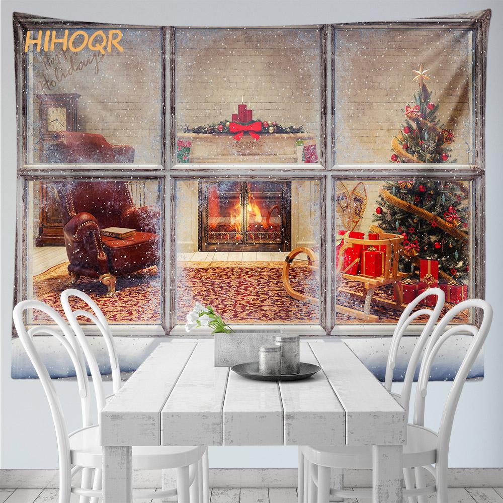 Christmas Tapestry Wall Hanging Santa Claus Christmas Snow Scene Window Tapestry Aesthetic Room Decor Home Holiday Decoration