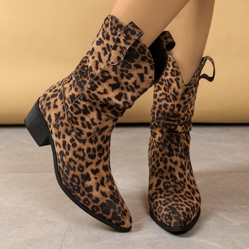 Fashion Leopard Mid Heels Women Short Boots 2025 Winter Pointed Toe Comfort Shoes Fashion Sexy New Trends Pumps Snow Ankle Boots Mujer