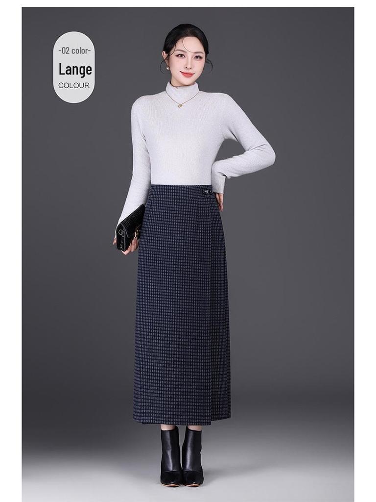 Plaid Woolen High-Waisted Pencil Skirt: Winter 2025 Korean Style, Thickened and Warm with Slit