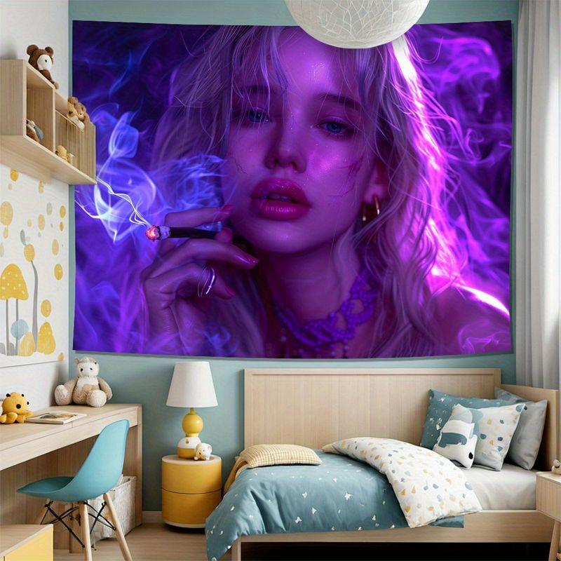 Purple Neon Smoke Cool and Spicy Girl Portrait Tapestry Background Hanging Fabric Y2K Subcultural Room Decoration