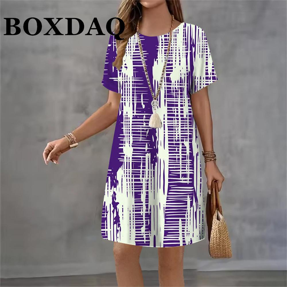 2026 Vintage Women's Dresses Tie Dye Striped 3D Printed Elegant Casual Short Sleeve Dresses Loose Fashion Summer Women's Dresses