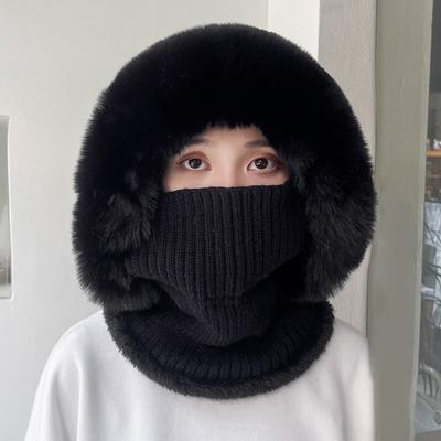 Wintermütze für Damen mit Schal, gestrickt, dick, mit Plüsch gefüttert, winddicht, Bommelmütze, umfassender Schutz, Radsport-Outdoor-Kappe, elastische Kopfbedeckung