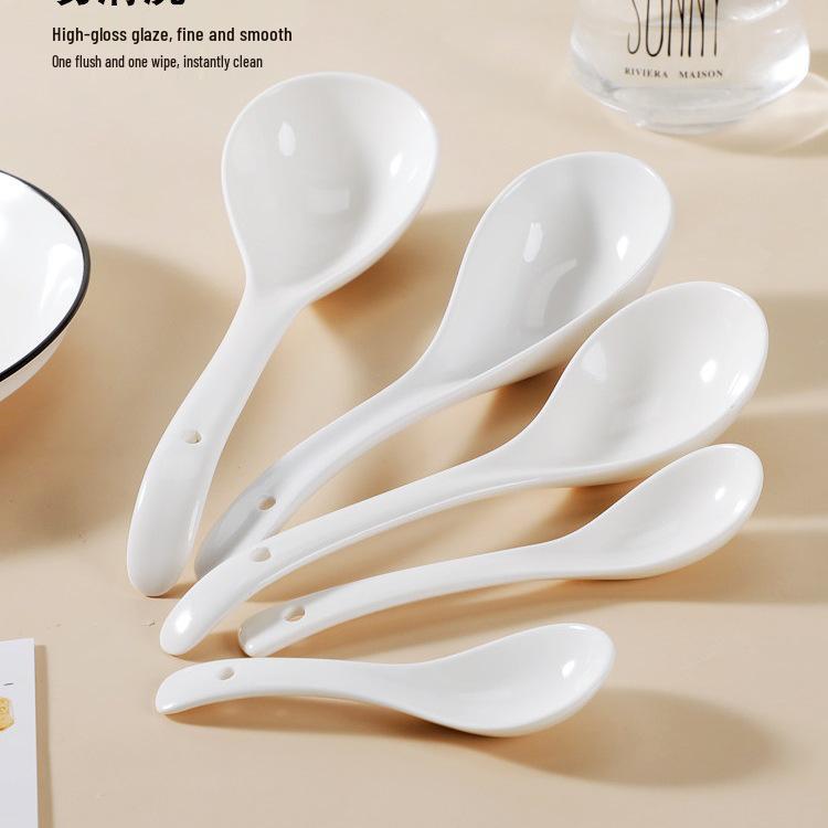 Pure White Ceramic Soup and Condiment Spoons, Extended Handle, Set of 100