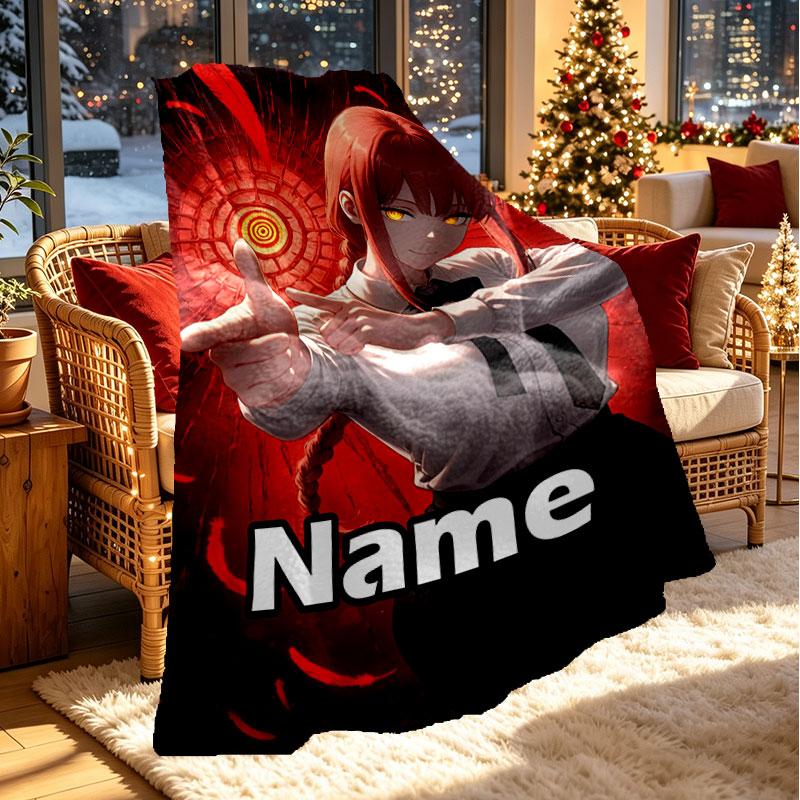 Custom Name Personalized Makima Chainsaw Man Print Blanket, Home Decor, Bedroom, Sofa, Camping, Couch, Gifts for Birthday Christmas
