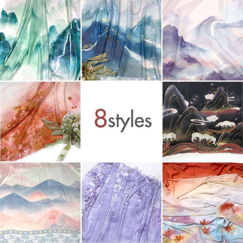 Tessuto Stampato Paesaggio Cinese Traslucido Stile Antico Chiffon Stampato Tessuto Hanfu Abito Hanfu Costume di Scena Decorazione 1/3/5M
