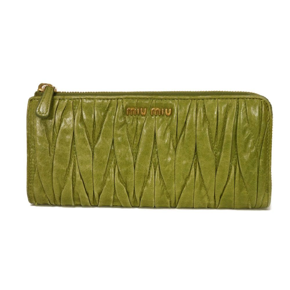 Used Matelasse Zip Around Wallet (12166) with wrinkled L-shaped zipper (5M1183 7940) Logo Metal Light Green Women's