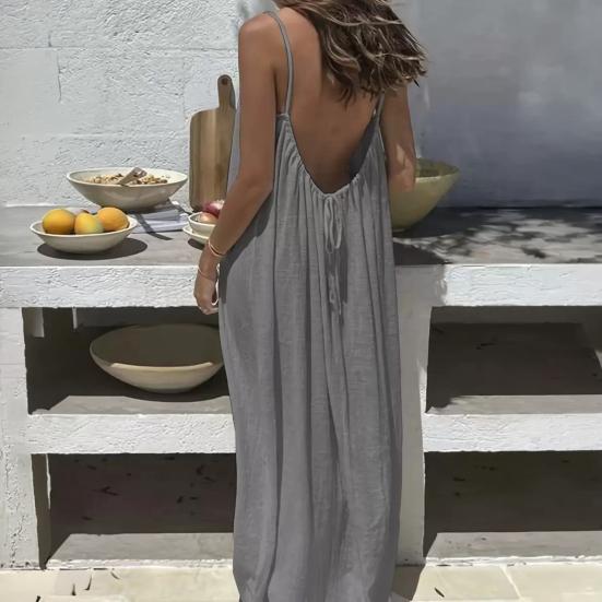Summer Backless Cami Dress for Women Flowy Beach Vacation Maxi Sundress Spaghetti Strap Loose Lounge Dress