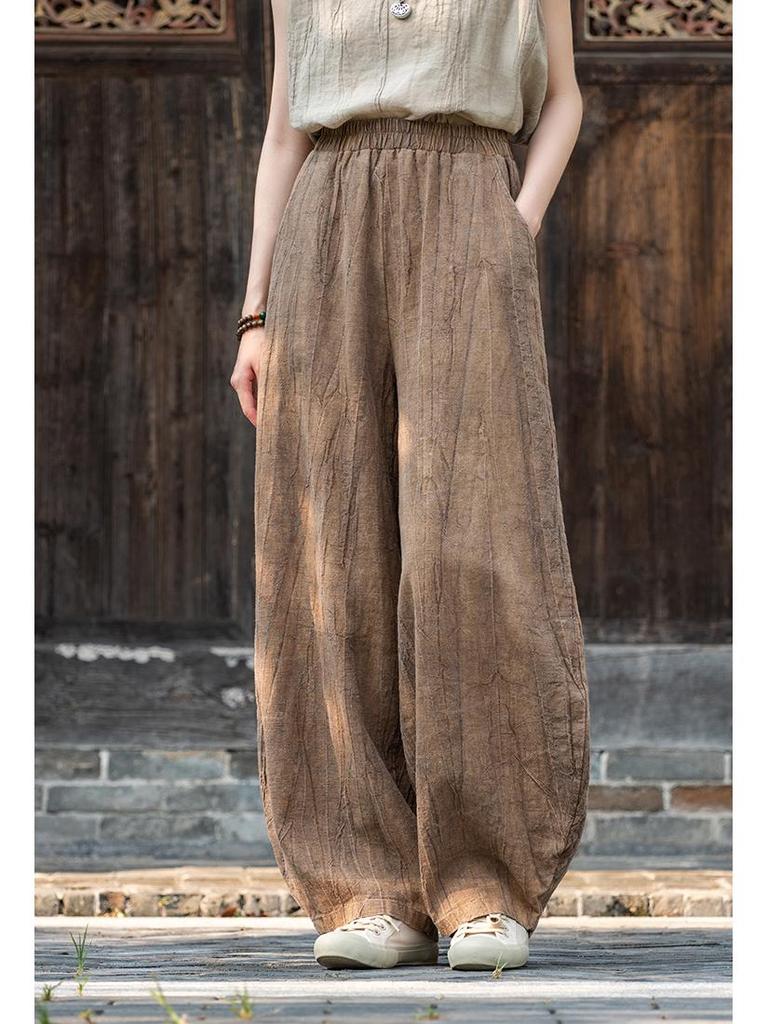 Women's Hemp Tie-Dye Distressed Lantern Pants: Cotton & Linen Zen Meditation Wear 26