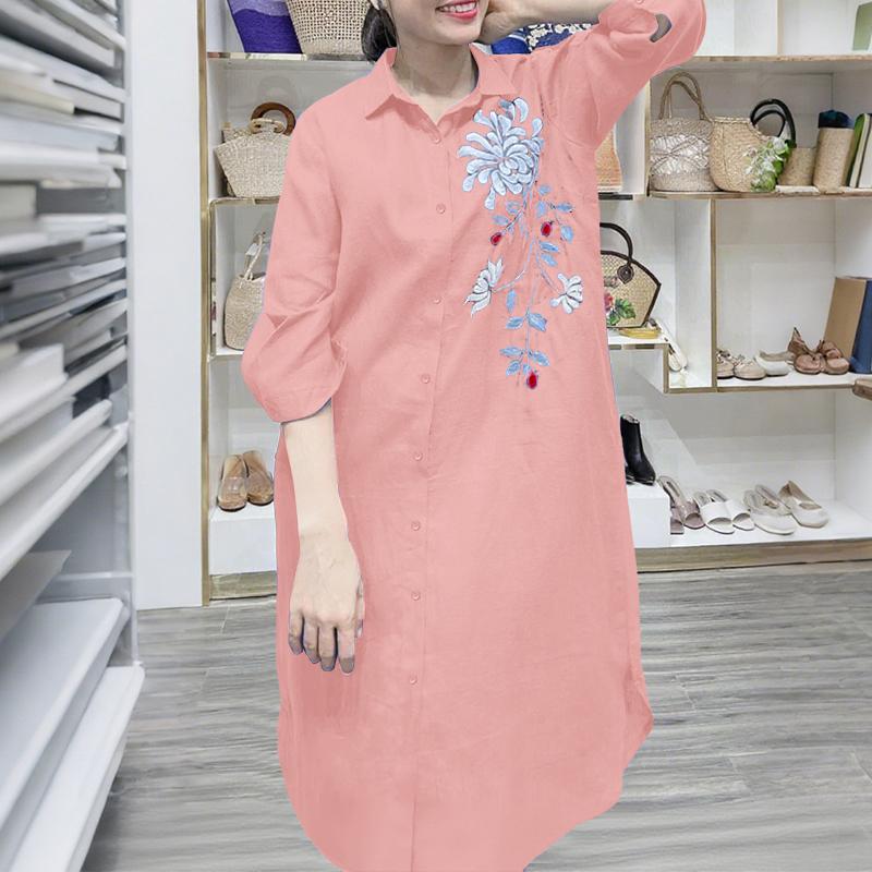 ZANZEA Women Casual Turn Down Collar 3/4 Sleeve Loose Embroidered Shirt Dress