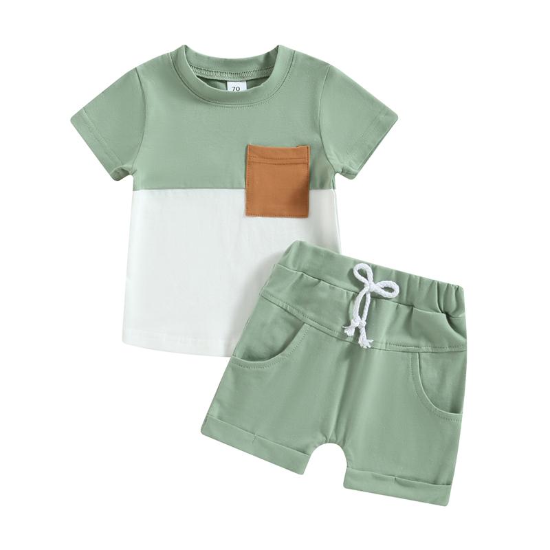 Baby Boys Summer Clothing Sets Short Sleeve Contrast Color Tops + Solid Color Drawstring Shorts 2pcs Outfit