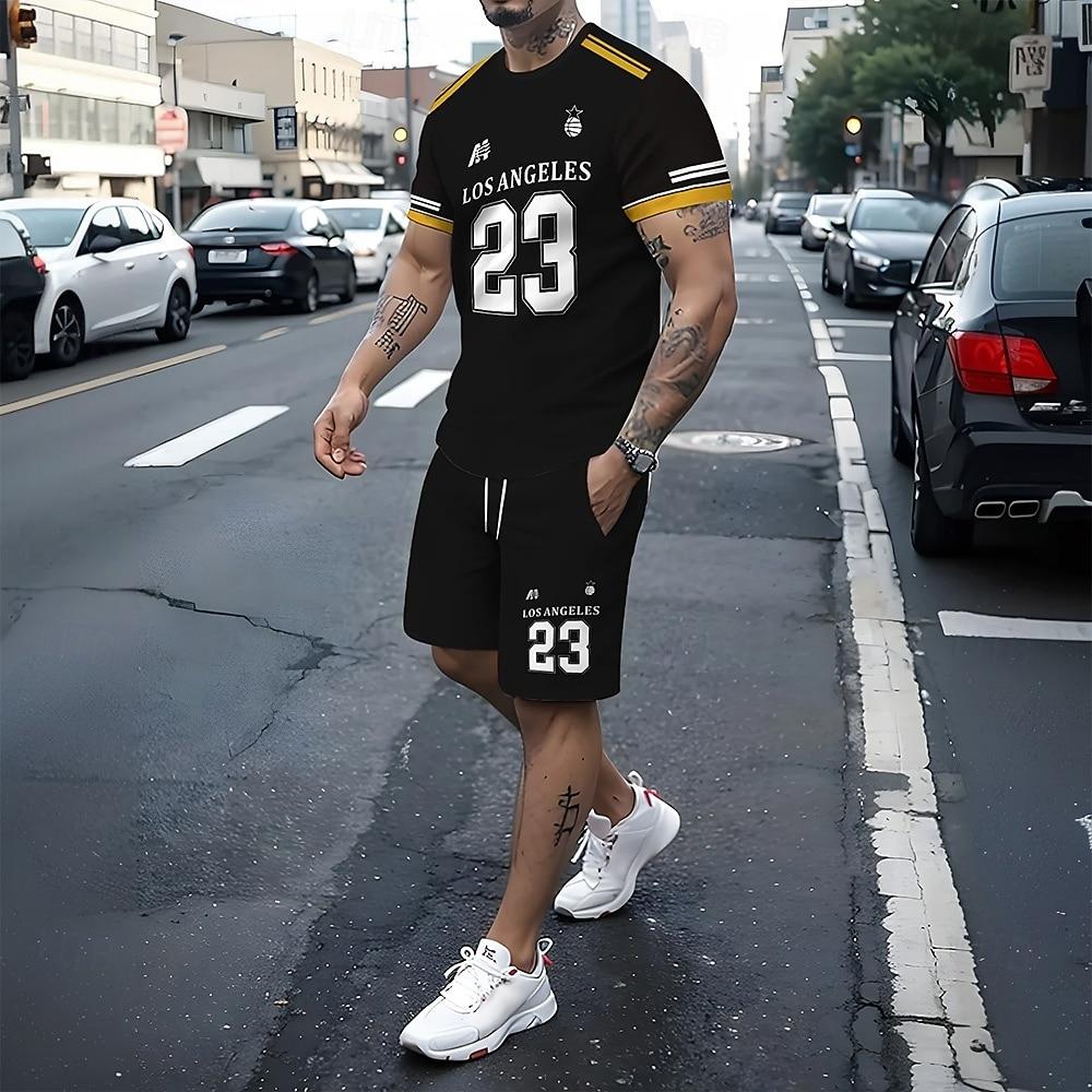 Men's Letter & Number 2pcs Tees sets Summer Tops Short Sleeve Short Pants Crew Neck Sport Casual Sports & Outdoor Daily 3D Print Summer Black Red Blue