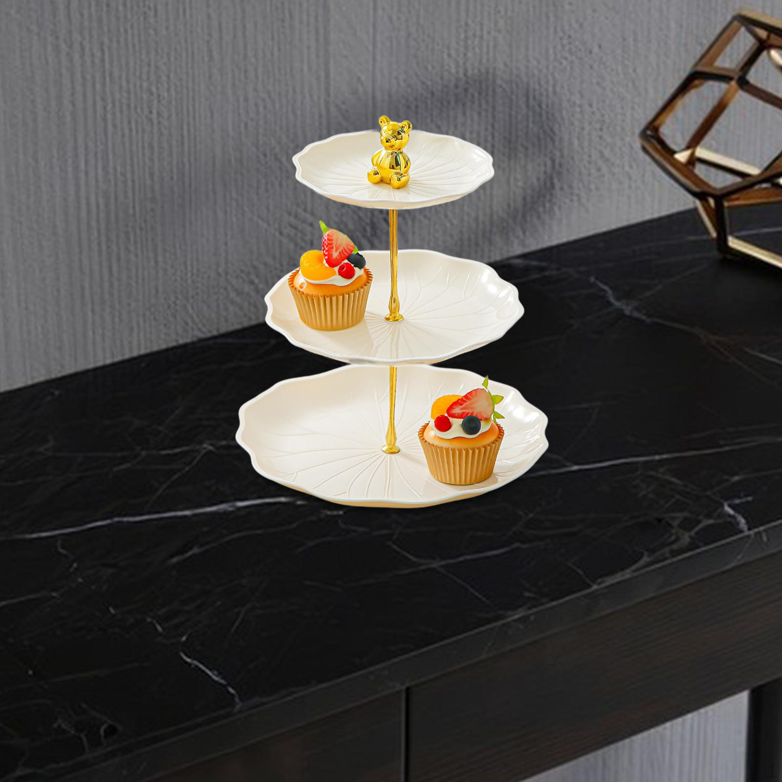 

Dessert Cupcake Display Stand 3 Tier Table Centerpiece Pastry Serving Tray with Metal Rod for Tea Beige with Gold Bear