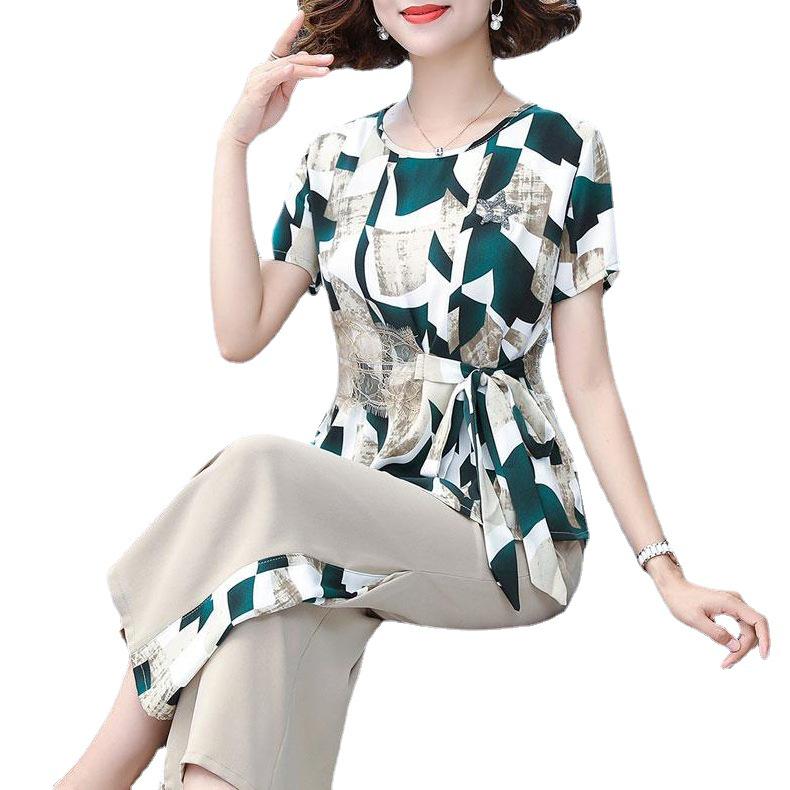 2024 Summer Chiffon Two-Piece Set: Short Sleeve Top & Nine-Point Pants for Moms
