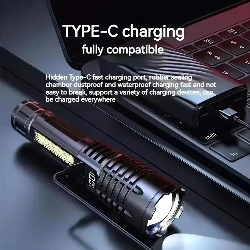 Super Bright COB Zoomable with Side Light Waterproof Camping Hiking Emergency Outdoor Torch LED Flashlight Type-C Rechargeable